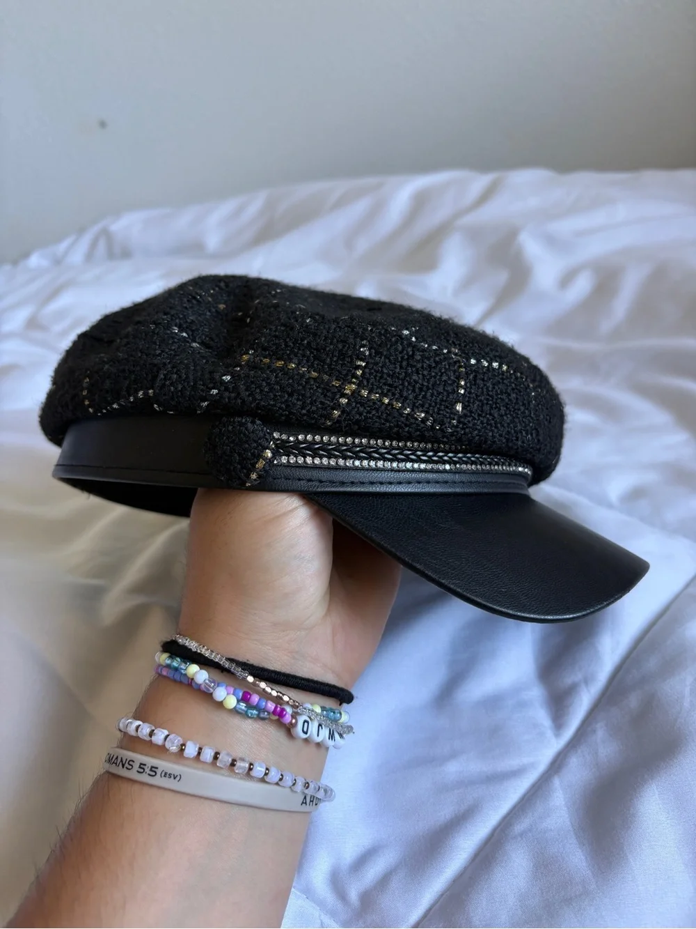 Y2K Juicy Couture Black Tweed Newsboy Cap with Faux Leather Visor
